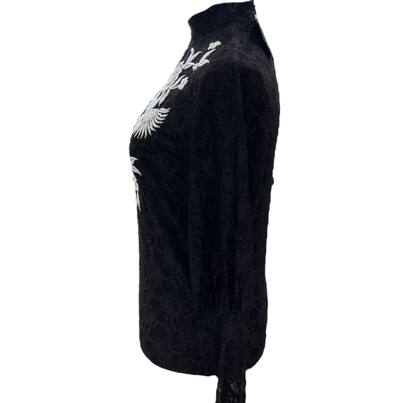 NWT Topshop Black Lace Long Sleeve Top With White Beaded Embroidery - Picture 5 of 9